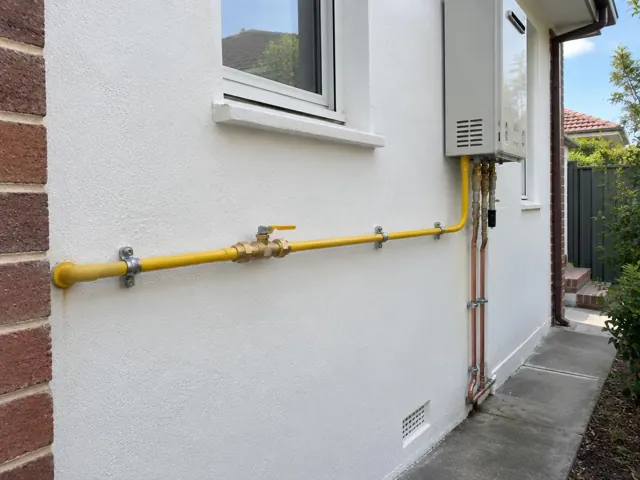 Yellow gas pipe and valve on a white exterior wall beside a wall-mounted gas heater in Malabar